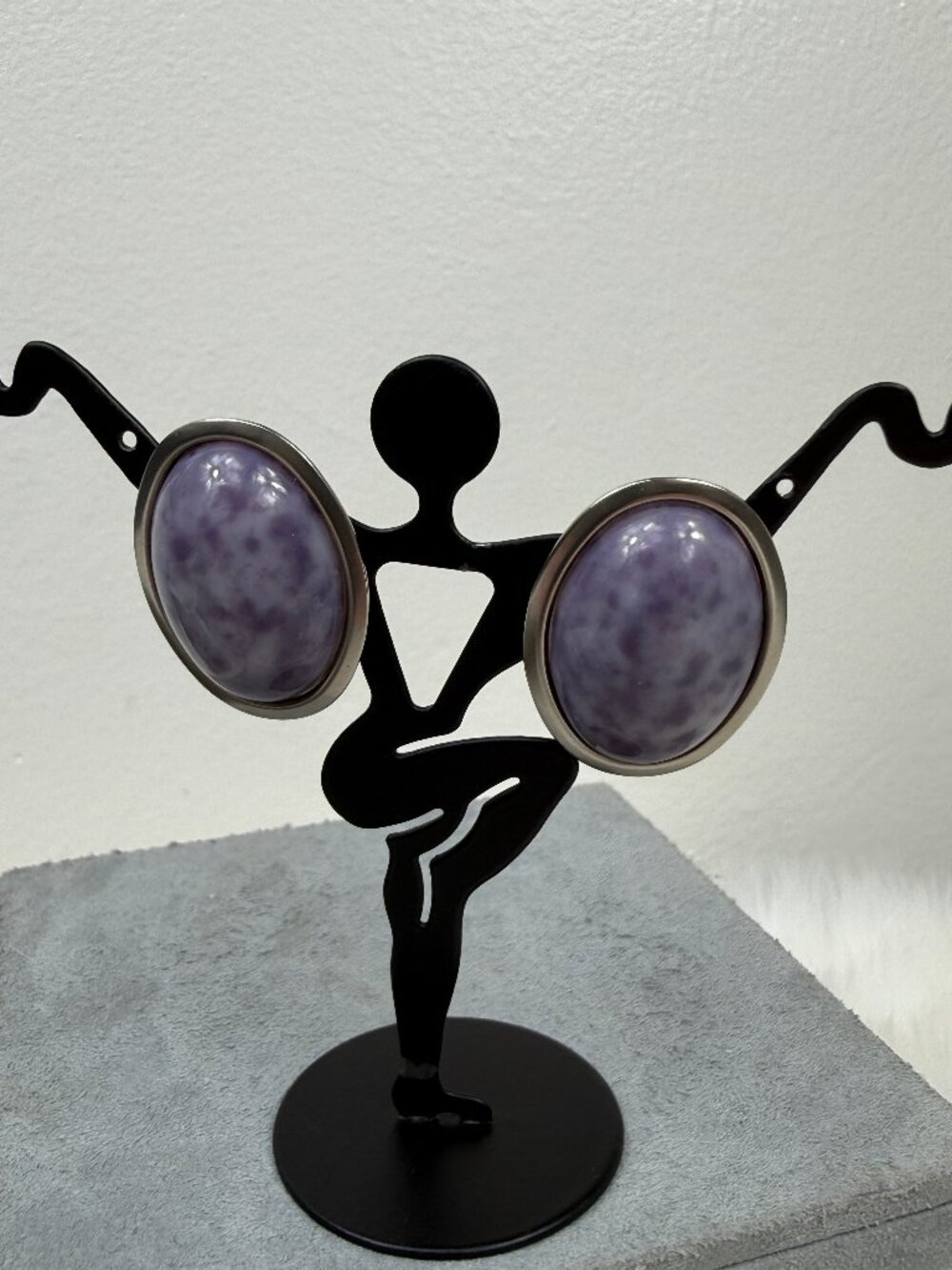 Vintage Oval Silver Tone & Purple Plastic Cab Stud Pierced Earrings